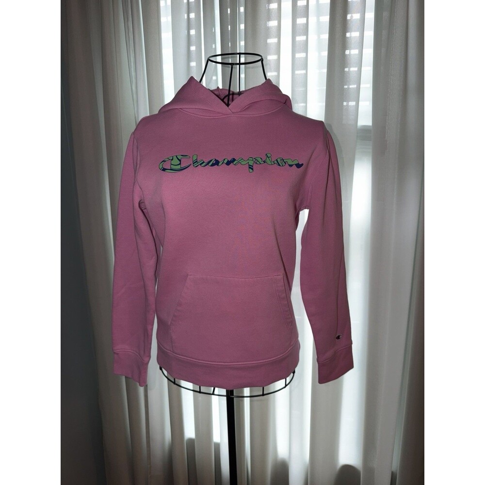 Champion Girls Pink Fleece Pullover Hoodie Logo Pockets Long Sleeve Size 14
